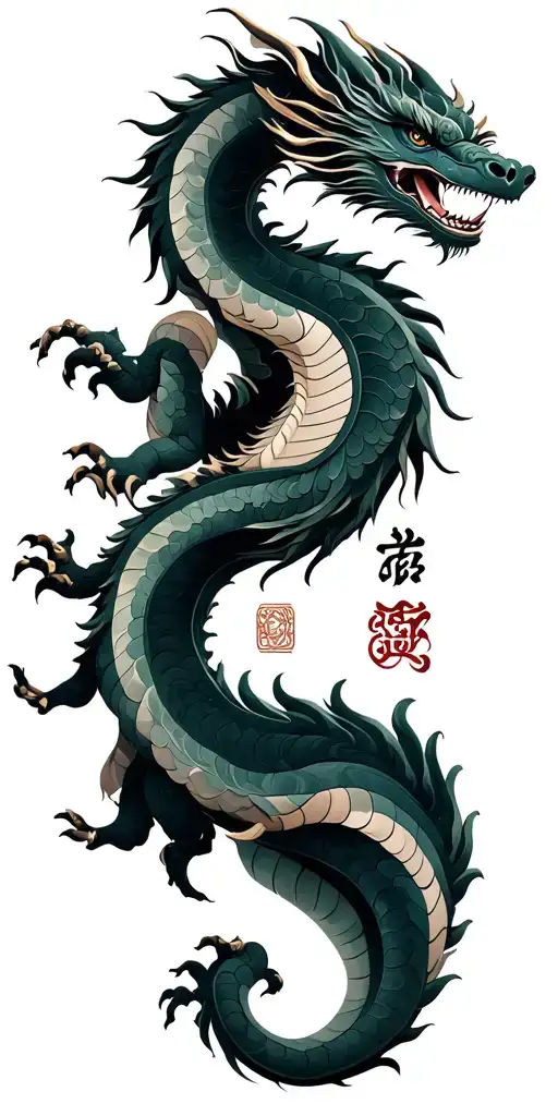 Buddhist dragon resting on a tcenrezig mantra tattoo design idea