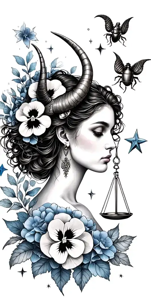 Capricorn woman with horns, LIBRA SCALES, pansy flower, large BEETLE, blue hydrangea petals, stars, zodiac tattoo design idea