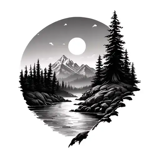 tattoo signalogram audio message in the form of a forest, trees, river banks and mountains tattoo design idea