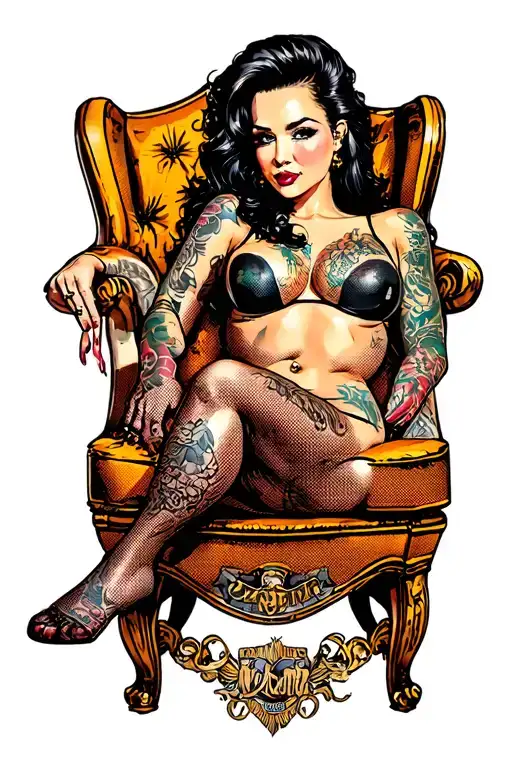 Sexy pin up girl, side profile, full body view, sitting in chair, legs crossed, petite, large boobs, Army, tattoo design idea