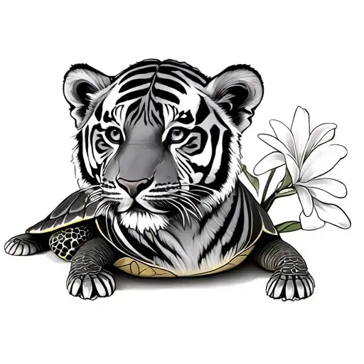 tiger cub and turtle with franjipani  tattoo design idea