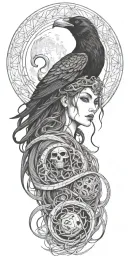 goddess of death, raven, snake, moon tattoo design idea