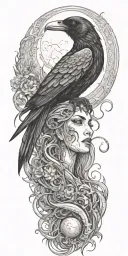 goddess of death, raven, snake, moon tattoo design idea