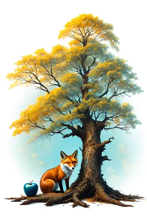 Dead tree with one blue apple and fox sitting tattoo design idea