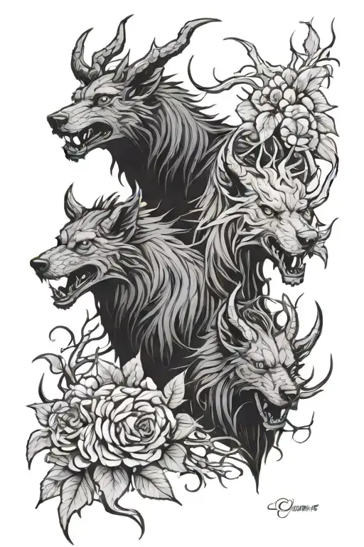 Cerberus and wendigo  with vines and thorns tattoo design idea