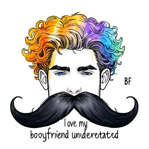 dirty blonde, buff, curly hair mullet, with mustache bf and it says I love my boyfriend underneath tattoo design idea