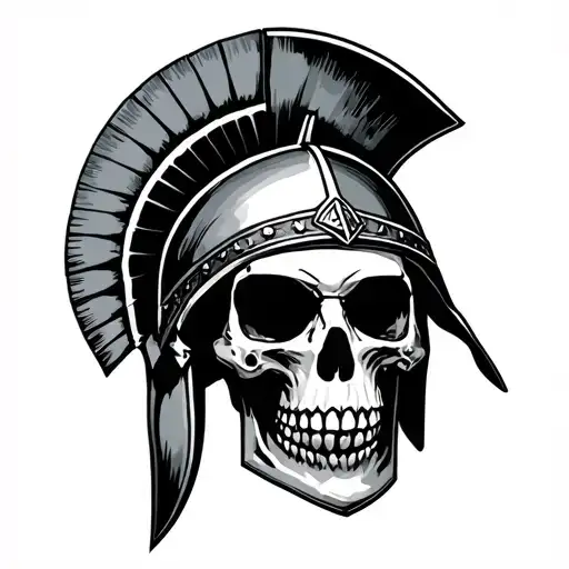 the saying acta non verba. around a skull with a spartan helmet tattoo design idea