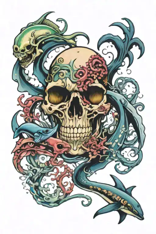 undead ocean life tattoo design idea