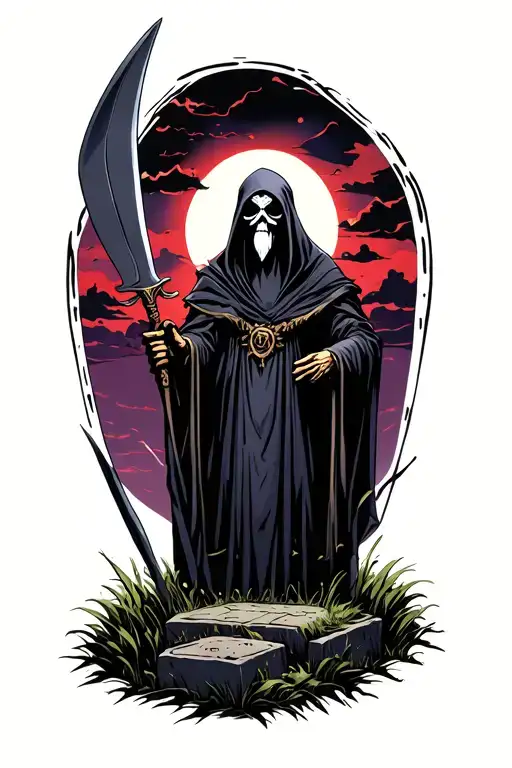 grim reaper holding his sythe over grave yeard with dark purple and red skys tattoo design idea