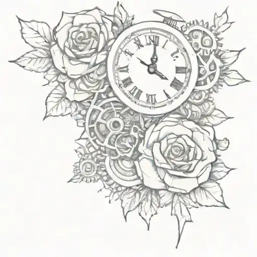 rose and clock gears intertwined tattoo design idea