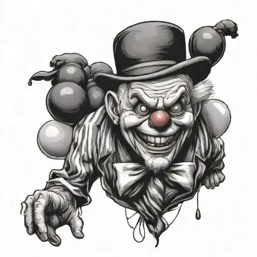 Draw me an old bald angry man in a clown costume, he should have balloons in the shape of dogs and simple balloons in hi tattoo design idea