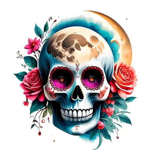 sugar skull and moon shining tattoo design idea