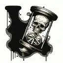 broken hourglass with sand falling out. skull beside it. tattoo design idea