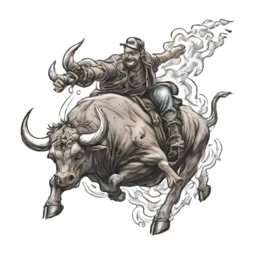 Firing Phoneix rideing on furious bull in bowling alley with thunder and lightning  tattoo design idea