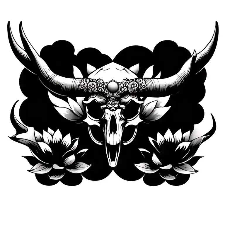 "Buddhist victory banner tattoo, dhvaja symbol, Tibetan art, spiritual symbolism, lotus flowers, clouds, longhorn skull, tattoo design idea
