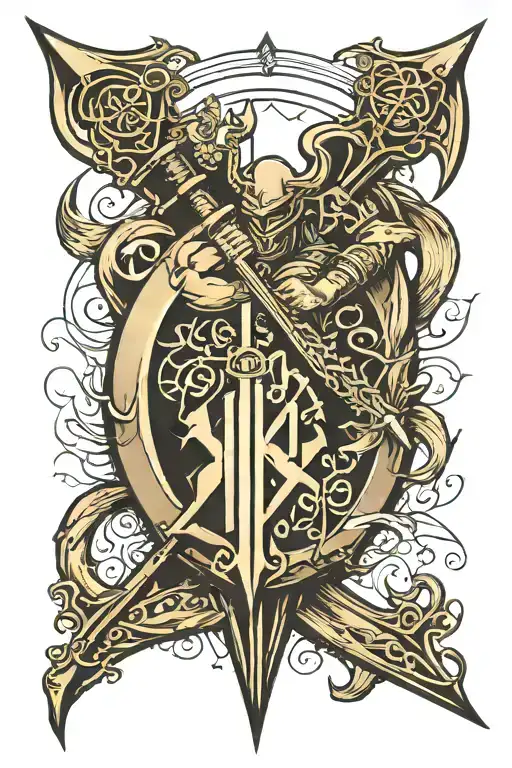 forearm tattoo of a trident with power drum, crescent, and bow and arrow, 768006 written, bushido code in japanese tattoo design idea