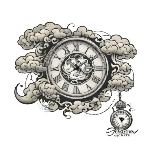 clouds, time piece, darkness, lines, tattoo design idea