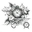 clouds, time piece, darkness, lines, tattoo design idea