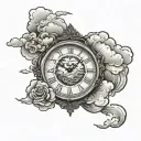 clouds, time piece, darkness, lines, tattoo design idea