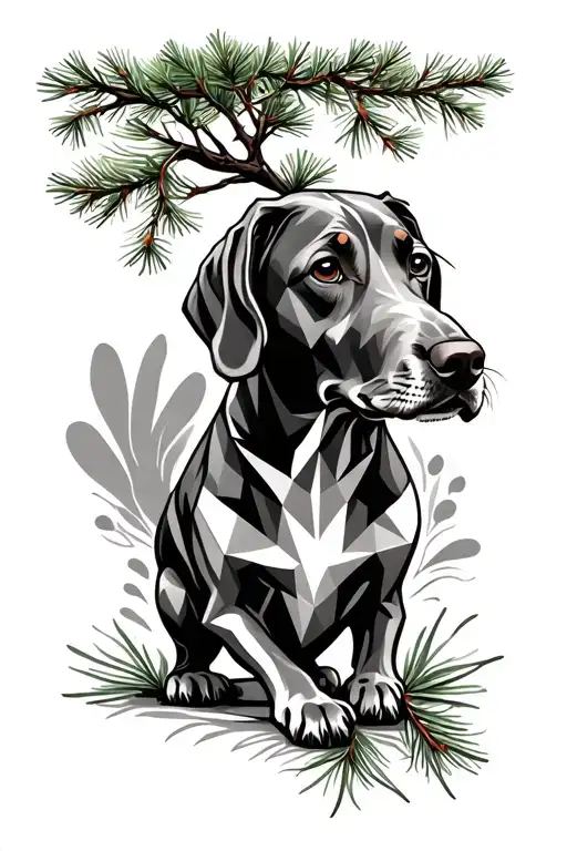 geometric pine tree and vizsla dog tattoo design idea