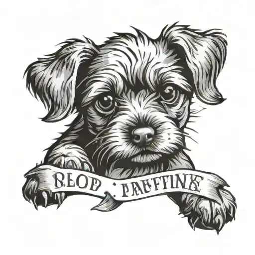 my pet dog muffin image and his paw with his birth date in roman letters tattoo design idea