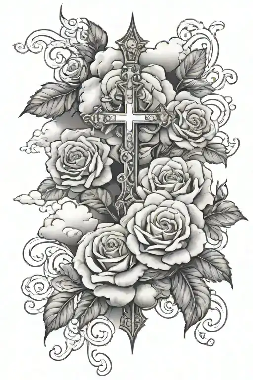 Clouds,roses with the christian cross tattoo design idea