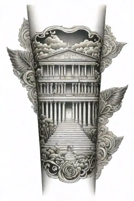 forearm sleeve featuring the second temple in israel tattoo design idea
