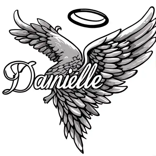 wings on the side of the name danielle with a halo on top of the name danielle tattoo design idea