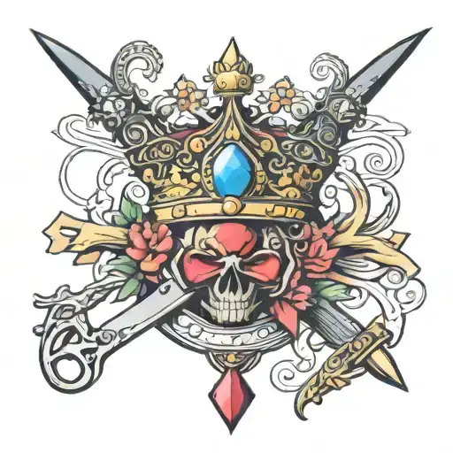 A royal crown intertwined with elegant jewelry pieces, surrounded by intricate weapons designs tattoo design idea
