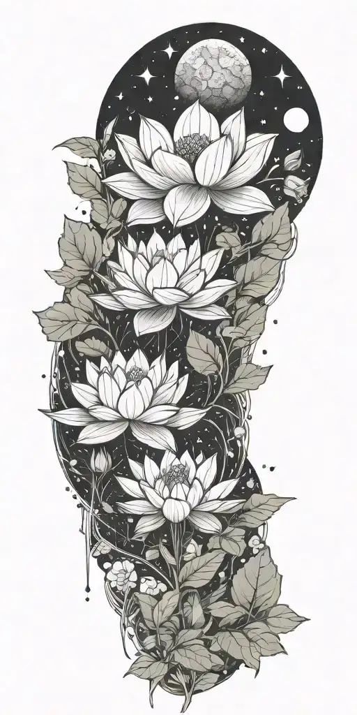 central lotus flower, celestial elements like stars and planets, sacred geometry, and serene landscapes such as mountain tattoo design idea