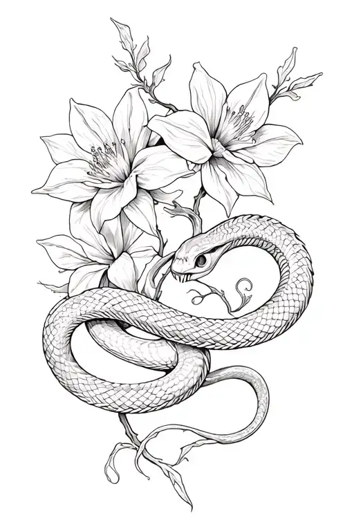 Poison arrow vine with two headed viper  coiled around the flowers tattoo design idea