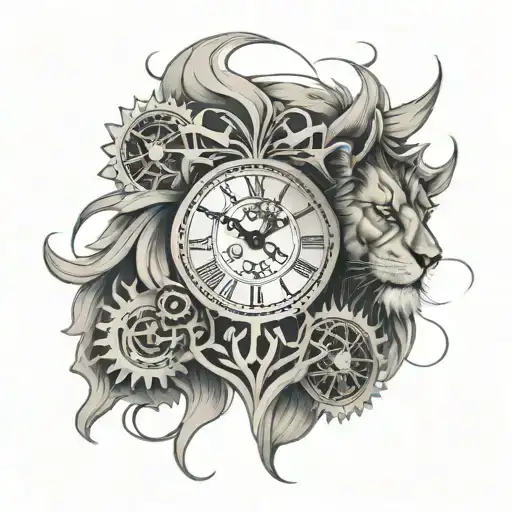 scarred Lion head and Clock gears intertwined tattoo design idea