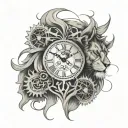 scarred Lion head and Clock gears intertwined tattoo design idea