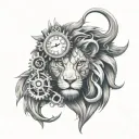 scarred Lion head and Clock gears intertwined tattoo design idea