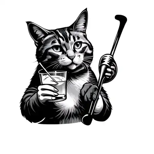 a housecat sipping a gin and tonic holding a golf club tattoo design idea