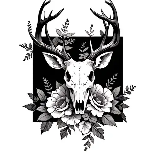 Deer skull, flowers, dark theme, shoulder/arm placement tattoo design idea