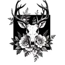 Deer skull, flowers, dark theme, shoulder/arm placement tattoo design idea