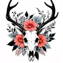 Deer skull, flowers, dark theme, shoulder/arm placement tattoo design idea