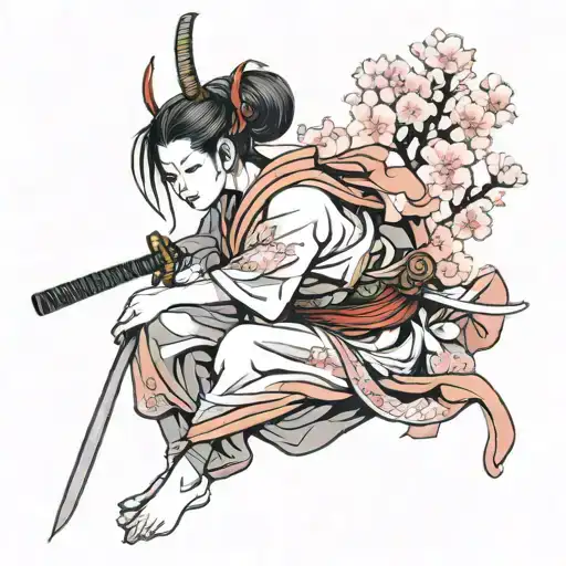 samurai woman with sakura full length without face tattoo design idea