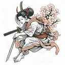 samurai woman with sakura full length without face tattoo design idea