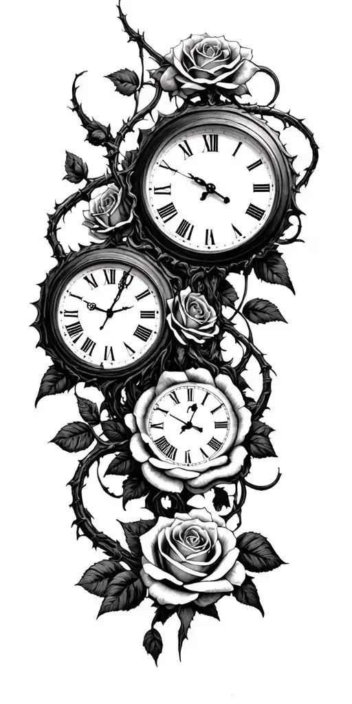 clocks thornes and rotten roses tangled up tattoo design idea