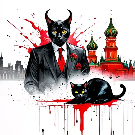 The devil in a suit, a black cat next to him, above the kremlin skyline. Themes from the master and margarita tattoo design idea