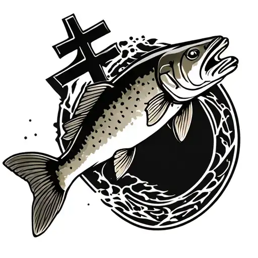 neo traditional brook trout jumping with a cross behind it tattoo design idea