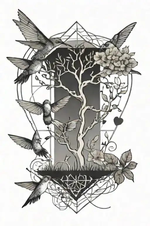 simple geometric design incorporating DNA, a heart, the tree of life, and a hummingbird  tattoo design idea