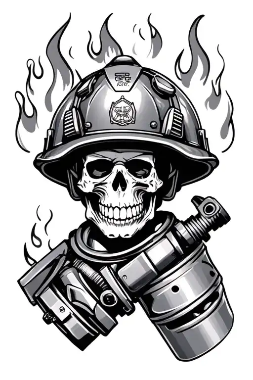 mechanic piston firefighter helmet skull flames tattoo design idea