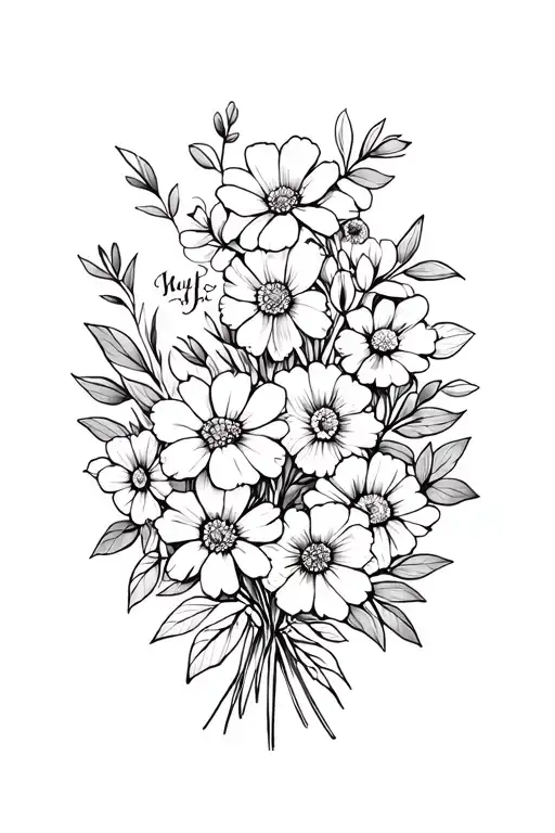 January, February, June, August, December birth flower bouquet tattoo design idea