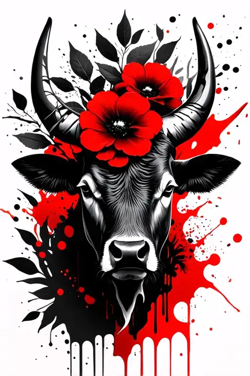 Bull head, black flowers and leaves tattoo design idea