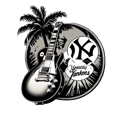 les paul guitar with yankees logo next to a palm tree tattoo design idea
