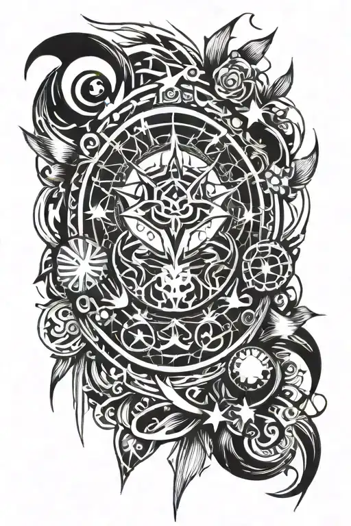 sketch of a tattoo on the entire forearm, where it is present, the zodiac sign Cancer, money, stars, weapons, sparks in  tattoo design idea