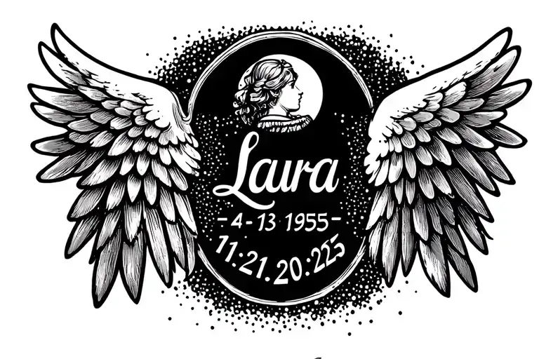 "Laura,   4•13•1955-11•21•2025" angelic, angel wings with name in middle and birthday and death date in Roman numerals tattoo design idea